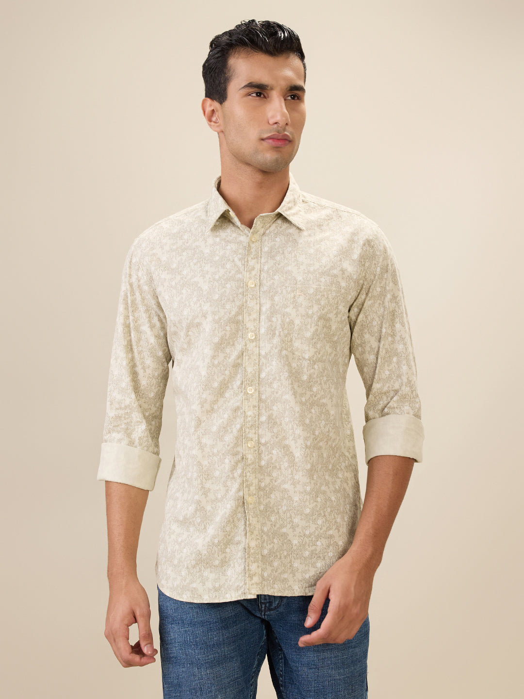 Parx Men Brown Printed Slim Fit Cotton Full Sleeve Cut Away Collar Casual Shirt