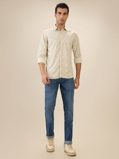 Parx Men Brown Printed Slim Fit Cotton Full Sleeve Cut Away Collar Casual Shirt