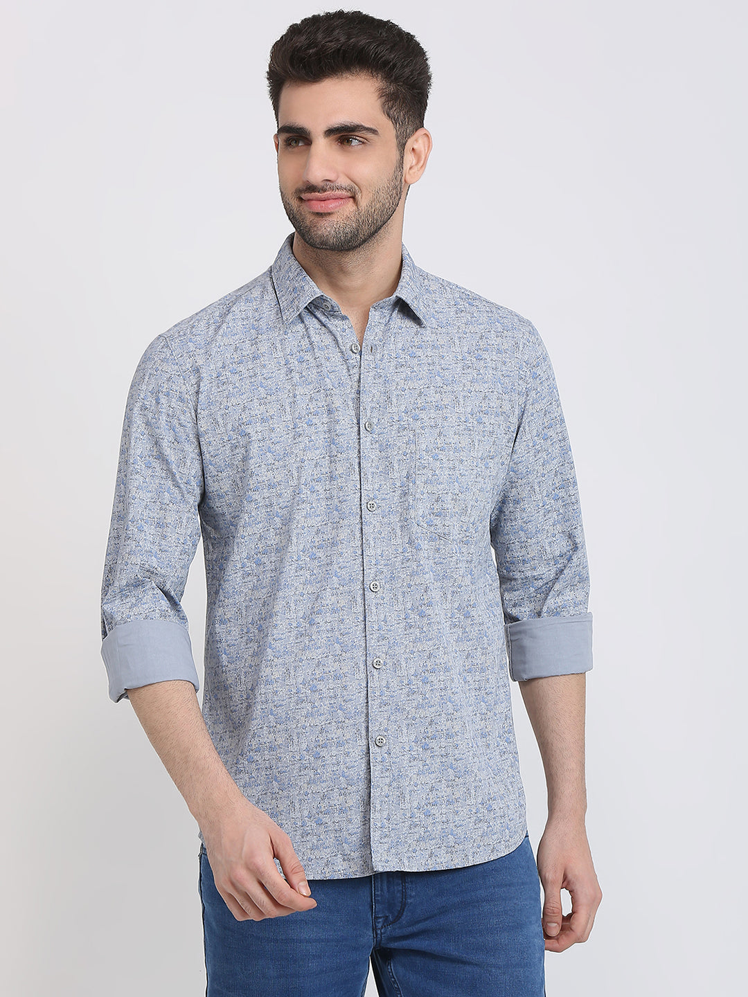 Parx Men Grey Printed Slim Fit Cotton Casual Shirt