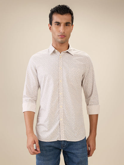 Parx Men Orange Printed Slim Fit Cotton Full Sleeve Cut Away Collar Casual Shirt