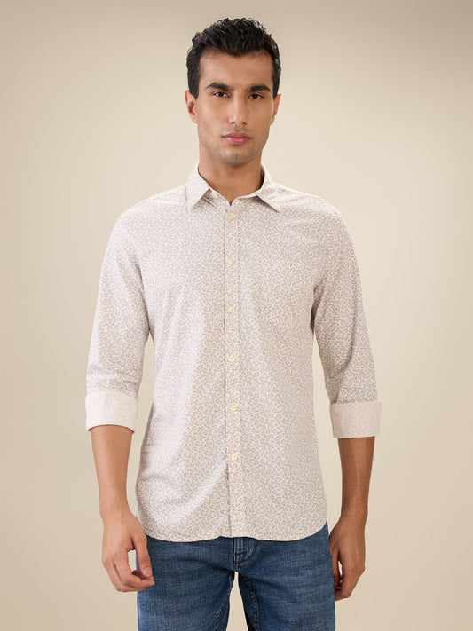 Parx Men Orange Printed Slim Fit Cotton Full Sleeve Cut Away Collar Casual Shirt