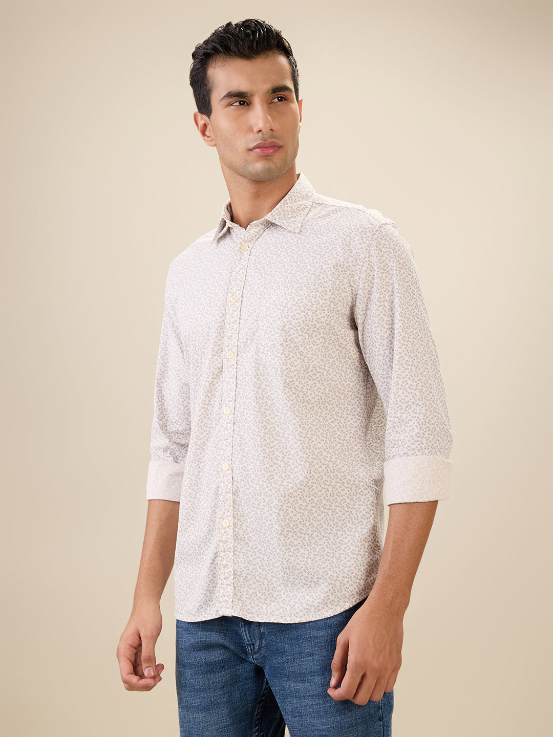 Parx Men Orange Printed Slim Fit Cotton Full Sleeve Cut Away Collar Casual Shirt