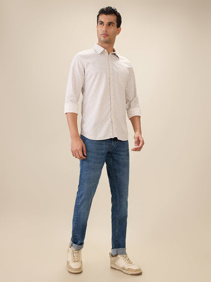 Parx Men Orange Printed Slim Fit Cotton Full Sleeve Cut Away Collar Casual Shirt