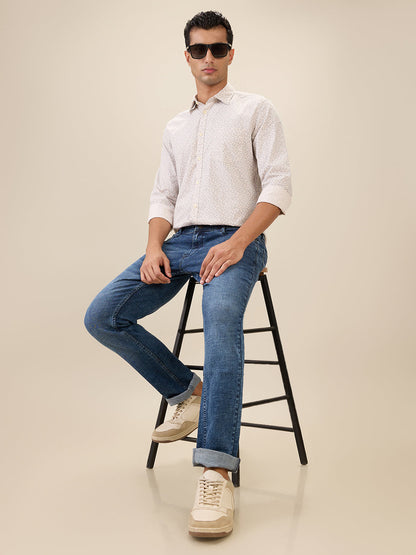 Parx Men Orange Printed Slim Fit Cotton Full Sleeve Cut Away Collar Casual Shirt