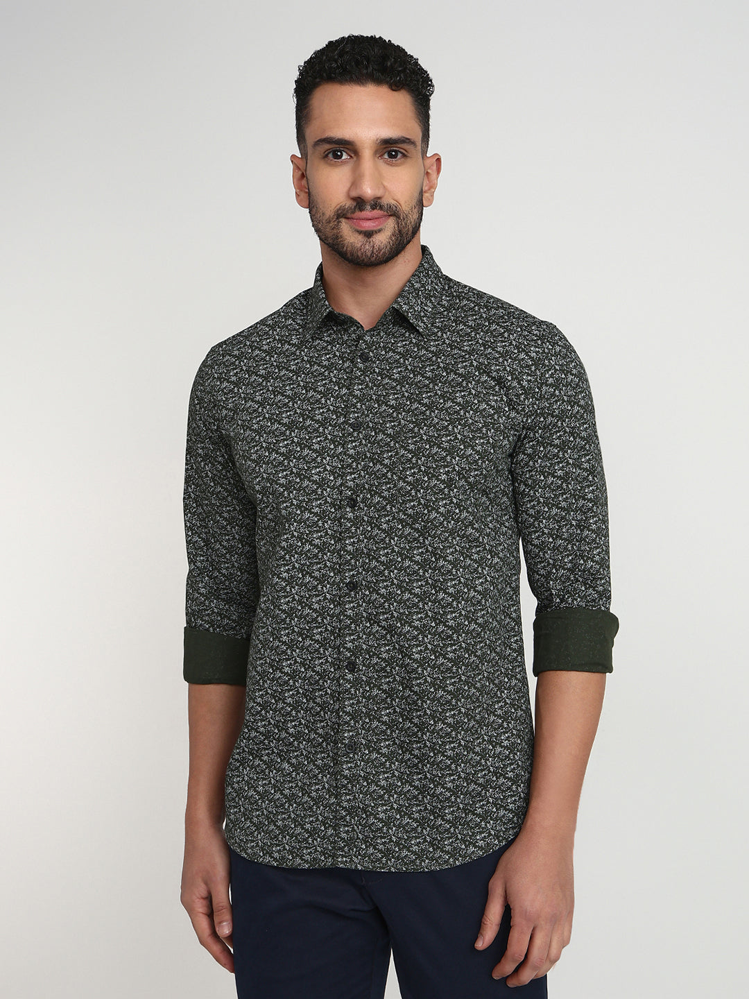 Parx Men Green Printed Slim Fit Cotton Casual Shirt
