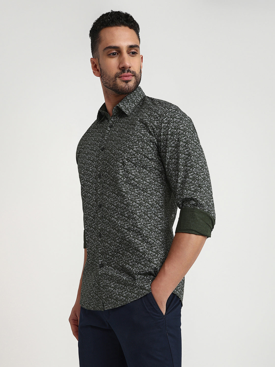 Parx Men Green Printed Slim Fit Cotton Casual Shirt