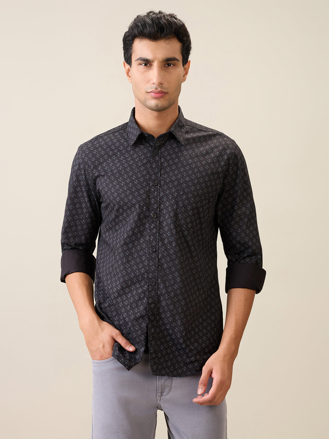 Parx Men Black Printed Slim Fit Cotton Casual Shirt