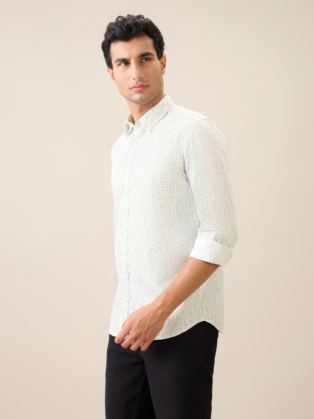 Parx Men Green Printed Slim Fit Cotton Casual Shirt