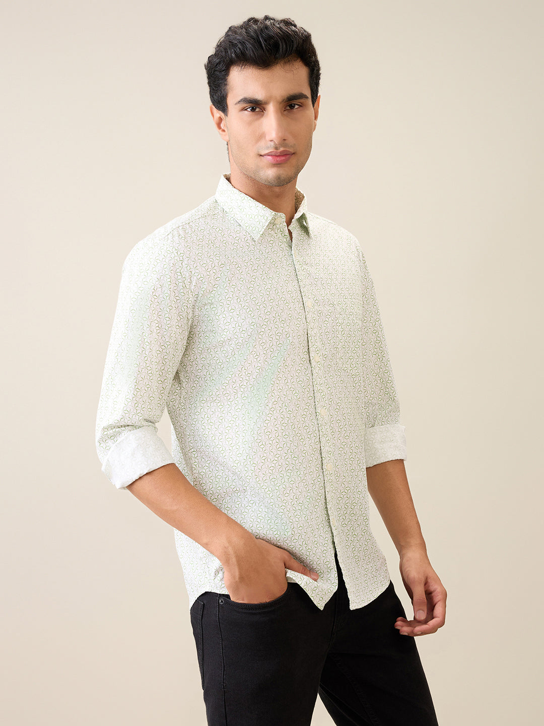 Parx Men Green Printed Slim Fit Cotton Casual Shirt