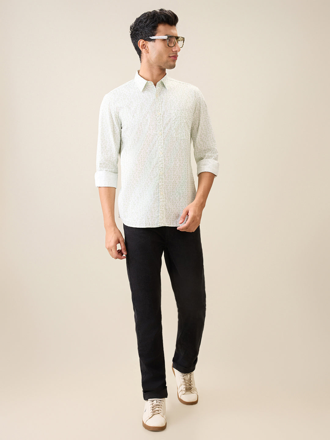 Parx Men Green Printed Slim Fit Cotton Casual Shirt