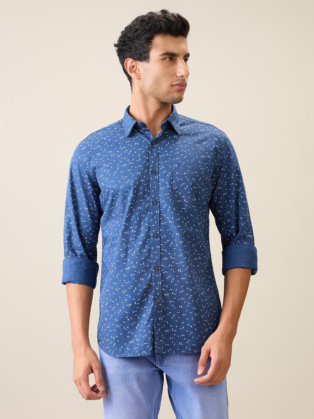 Parx Men Blue Printed Slim Fit Cotton Casual Shirt