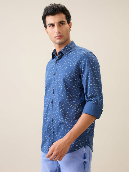 Parx Men Blue Printed Slim Fit Cotton Casual Shirt