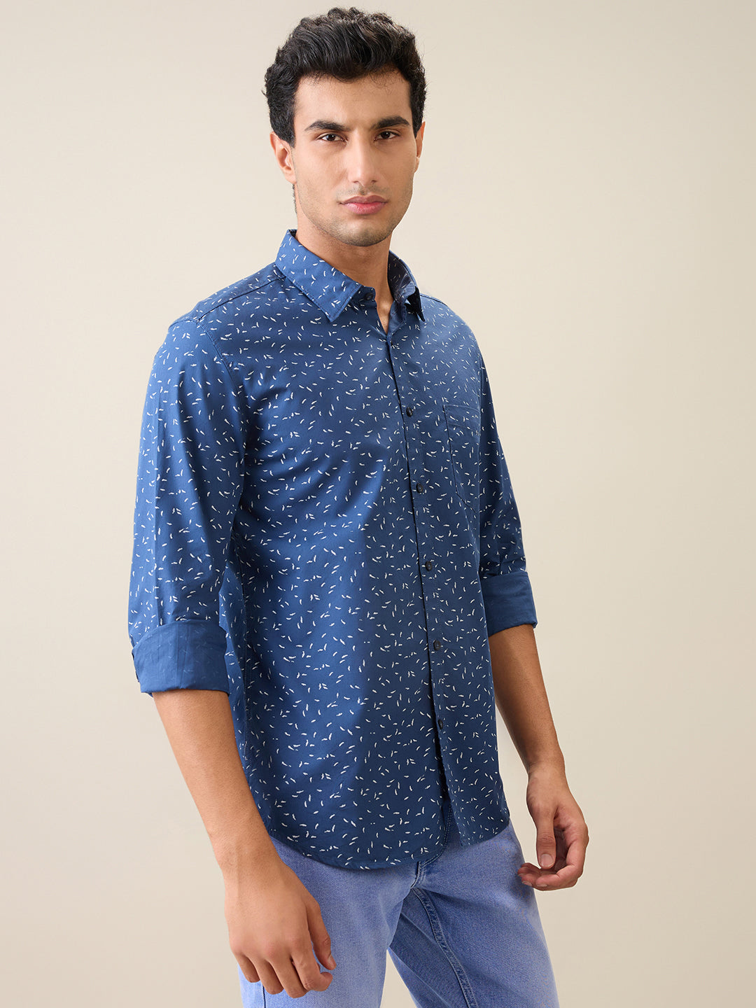 Parx Men Blue Printed Slim Fit Cotton Casual Shirt