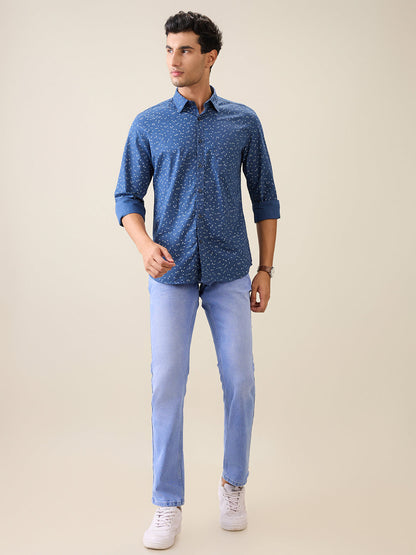 Parx Men Blue Printed Slim Fit Cotton Casual Shirt
