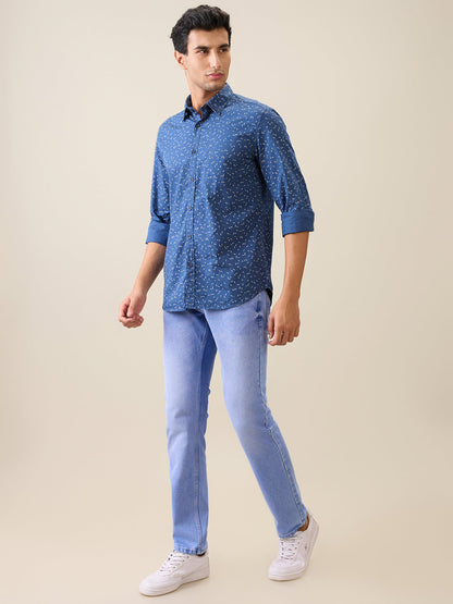 Parx Men Blue Printed Slim Fit Cotton Casual Shirt