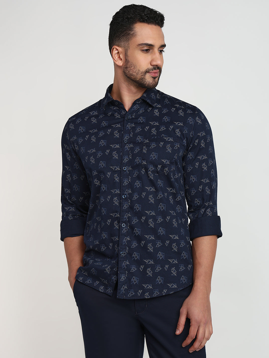Parx Men Blue Printed Slim Fit Cotton Casual Shirt