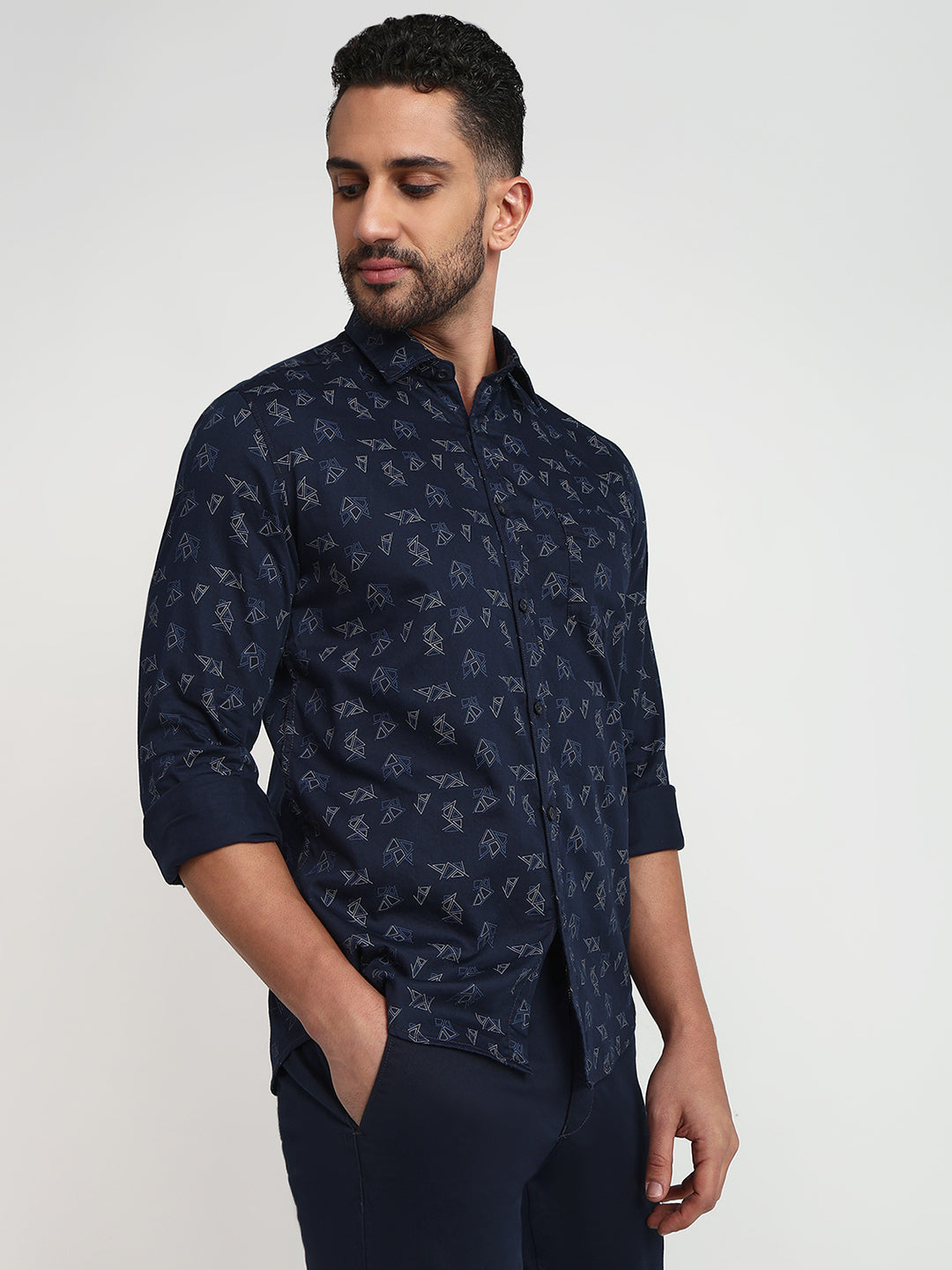 Parx Men Blue Printed Slim Fit Cotton Casual Shirt