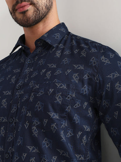 Parx Men Blue Printed Slim Fit Cotton Casual Shirt