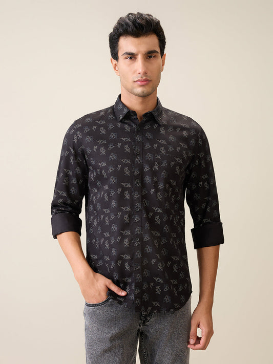 Parx Men Black Printed Slim Fit Cotton Casual Shirt