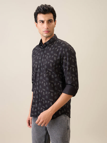 Parx Men Black Printed Slim Fit Cotton Casual Shirt