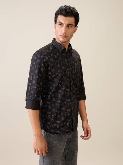 Parx Men Black Printed Slim Fit Cotton Casual Shirt