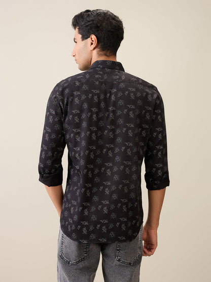 Parx Men Black Printed Slim Fit Cotton Casual Shirt