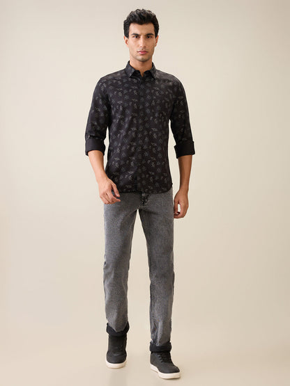 Parx Men Black Printed Slim Fit Cotton Casual Shirt