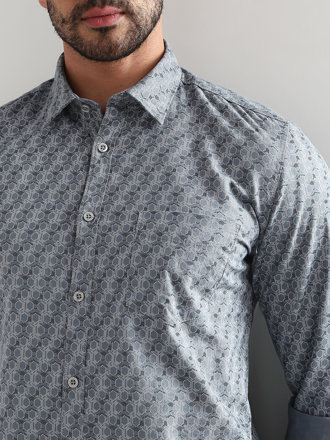 Parx Men Grey Printed Slim Fit Cotton Casual Shirt