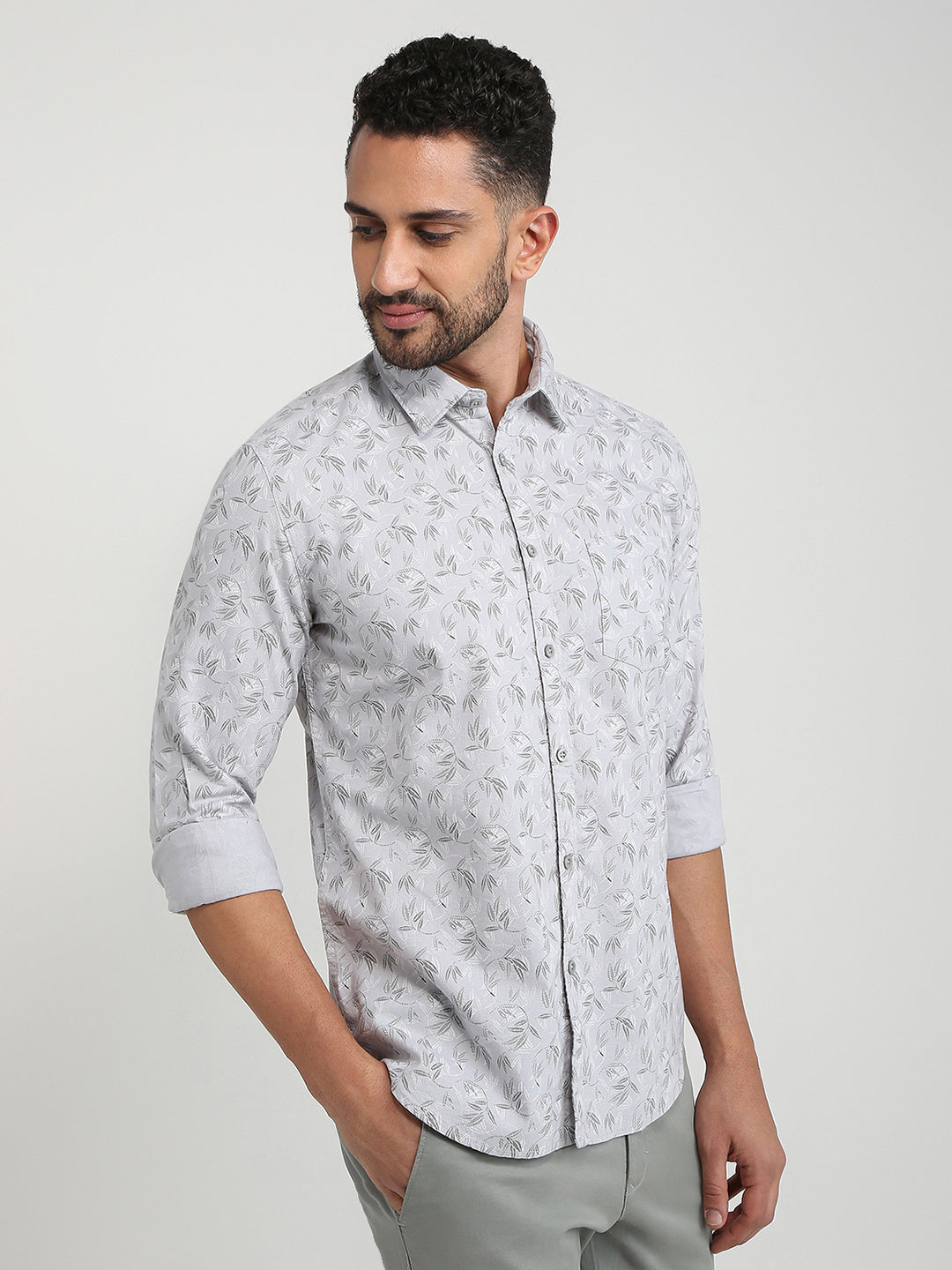 Parx Men Grey Printed Slim Fit Cotton Casual Shirt