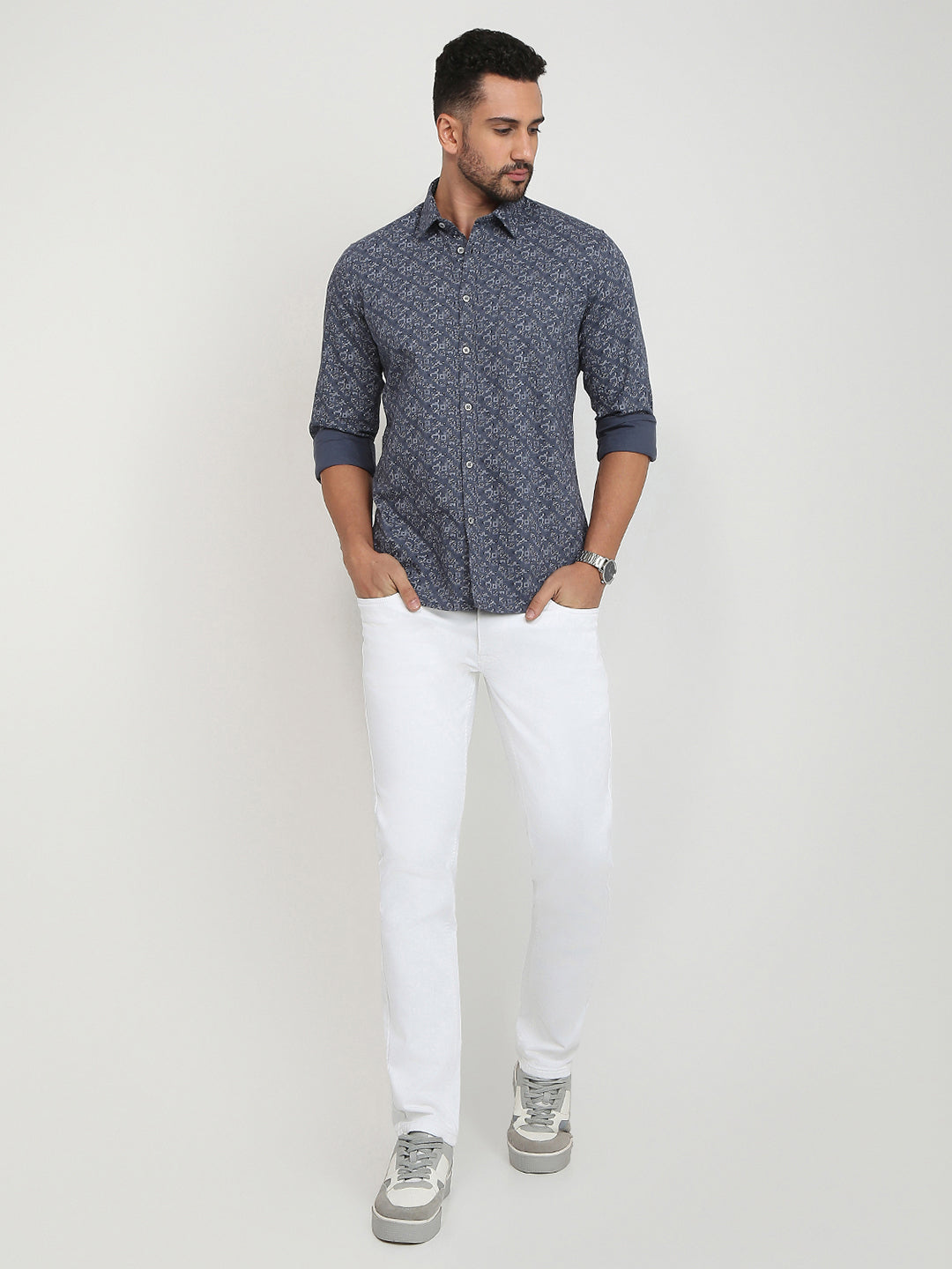 Parx Men Grey Printed Slim Fit Cotton Casual Shirt