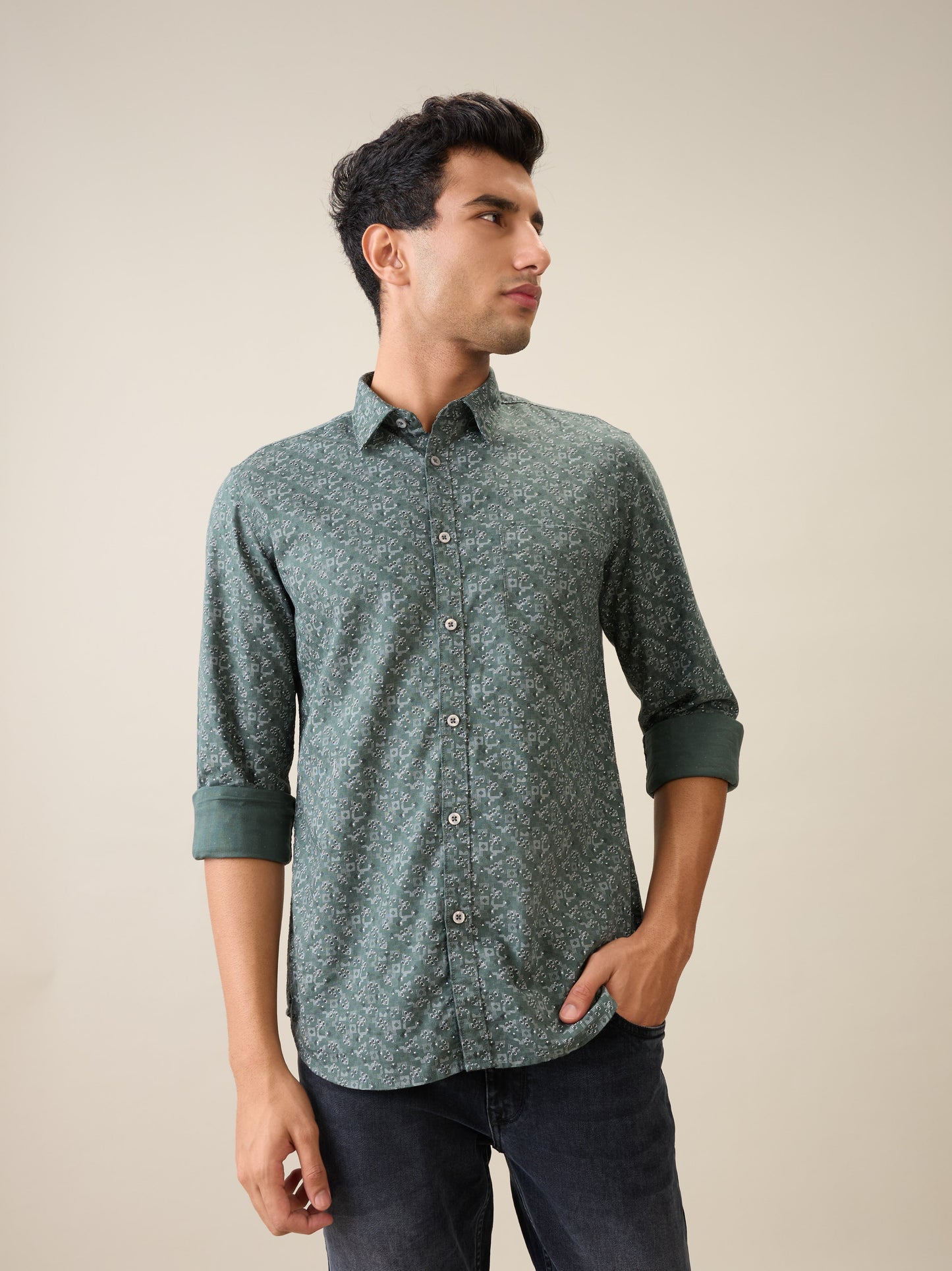 Parx Men Green Printed Slim Fit Cotton Casual Shirt