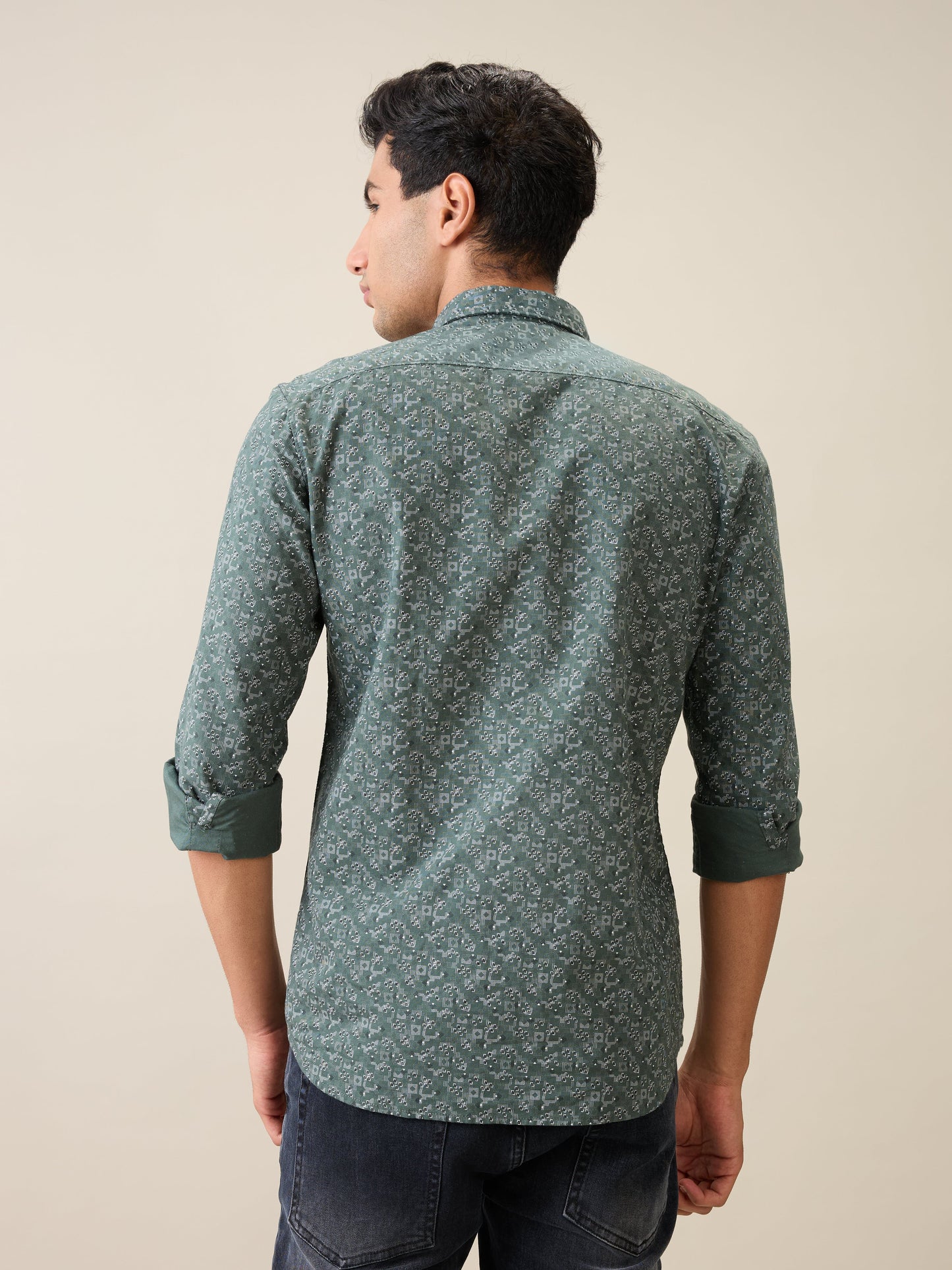 Parx Men Green Printed Slim Fit Cotton Casual Shirt