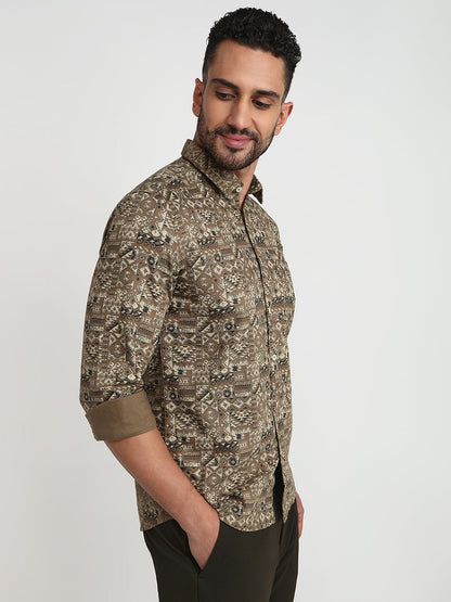 Parx Men Green Printed Slim Fit Cotton Casual Shirt