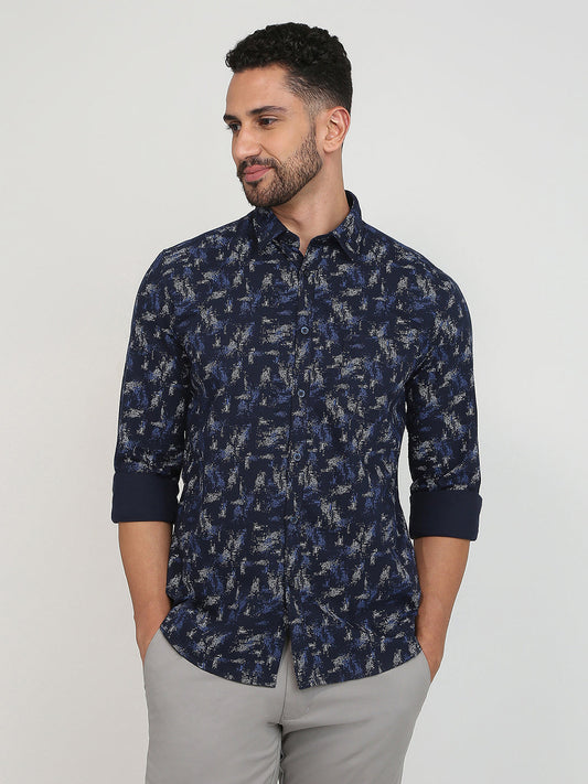 Parx Men Blue Printed Slim Fit Cotton Casual Shirt