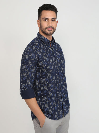 Parx Men Blue Printed Slim Fit Cotton Casual Shirt