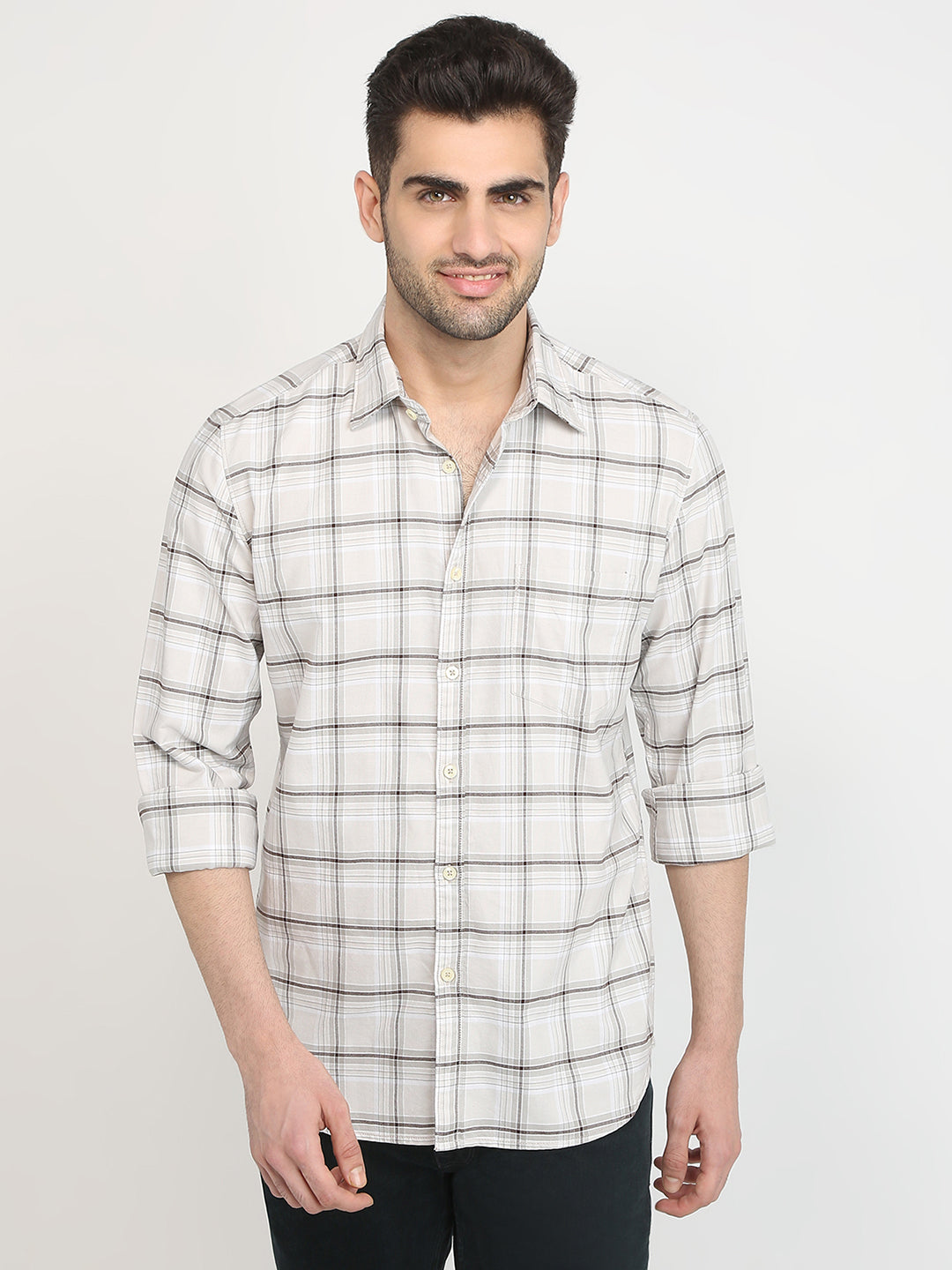 Parx Men Brown Checks Slim Fit Cotton Casual Shirt