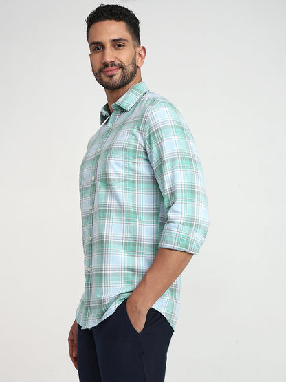 Parx Men Green Checks Slim Fit Cotton Casual Shirt