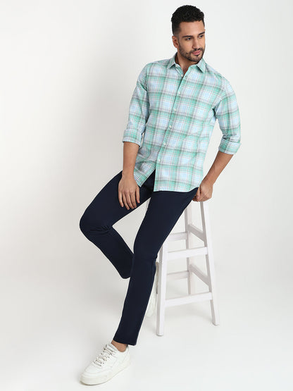 Parx Men Green Checks Slim Fit Cotton Casual Shirt