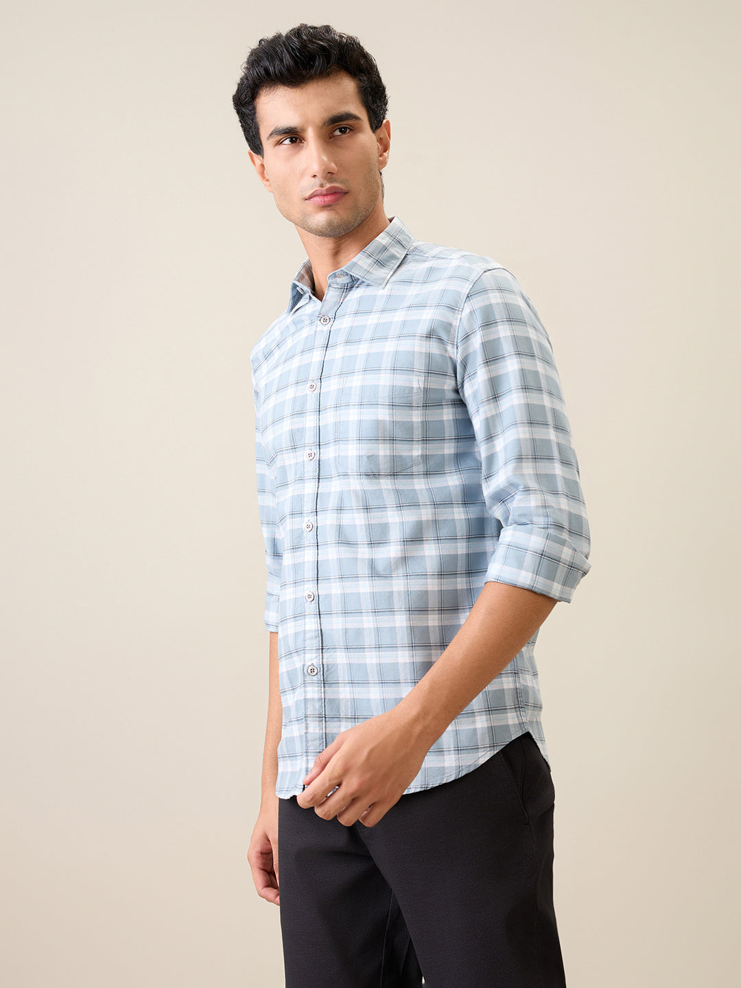 Parx Men Grey Checks Slim Fit Cotton Blend Casual Shirt