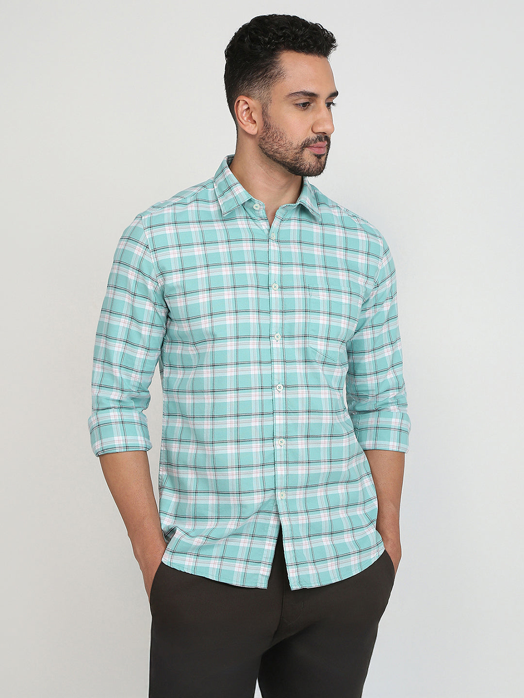 Parx Men Green Checks Slim Fit Cotton Blend Casual Shirt