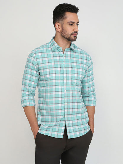 Parx Men Green Checks Slim Fit Cotton Blend Casual Shirt