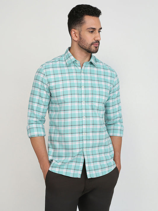 Parx Men Green Checks Slim Fit Cotton Blend Casual Shirt