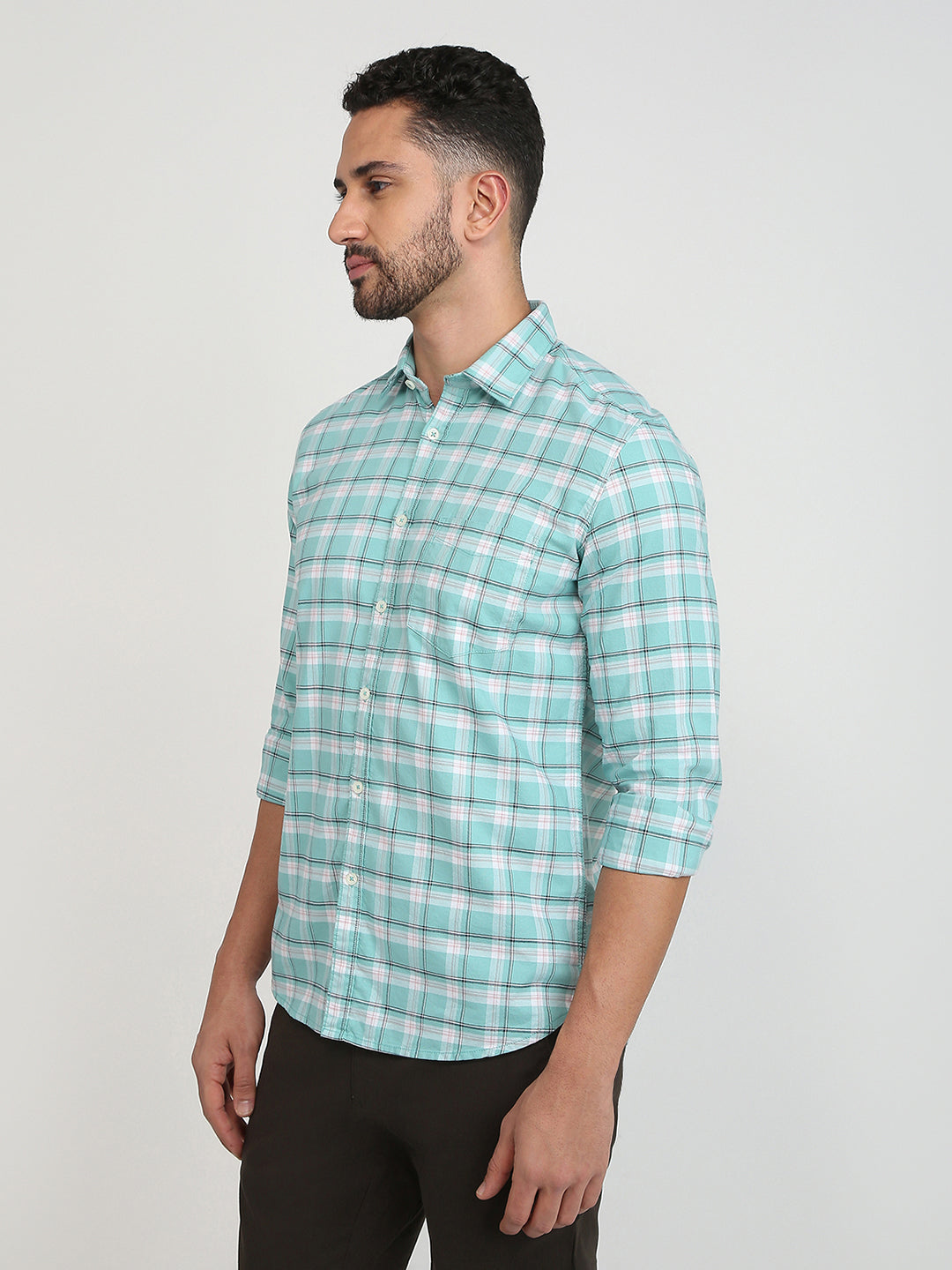 Parx Men Green Checks Slim Fit Cotton Blend Casual Shirt