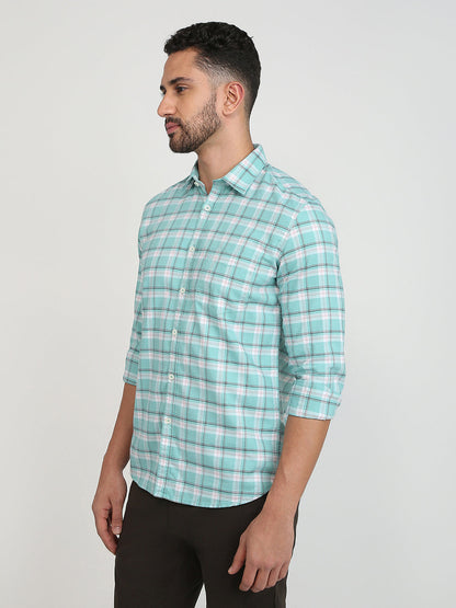 Parx Men Green Checks Slim Fit Cotton Blend Casual Shirt