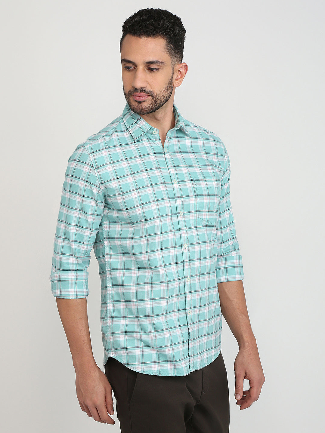 Parx Men Green Checks Slim Fit Cotton Blend Casual Shirt