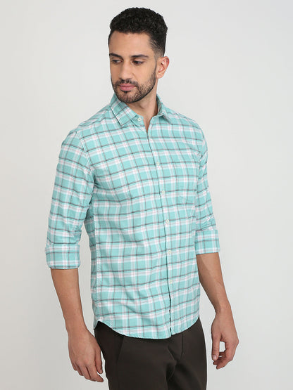 Parx Men Green Checks Slim Fit Cotton Blend Casual Shirt