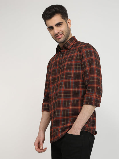 Parx Men Brown Checks Slim Fit Cotton Casual Shirt