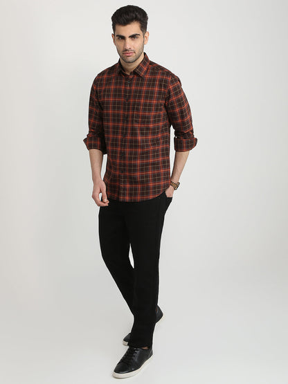 Parx Men Brown Checks Slim Fit Cotton Casual Shirt