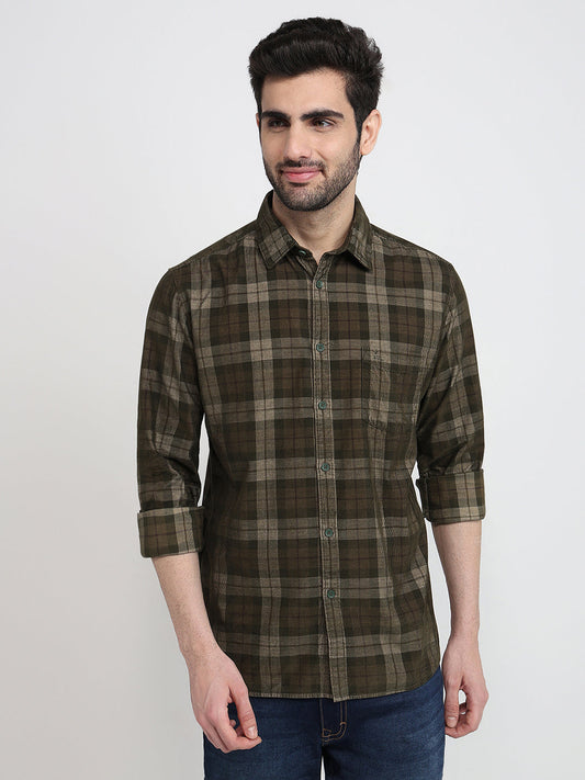 Parx Men Green Checks Slim Fit Cotton Full Sleeve Casual Shirt