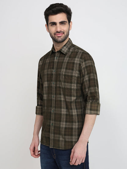 Parx Men Green Checks Slim Fit Cotton Full Sleeve Casual Shirt